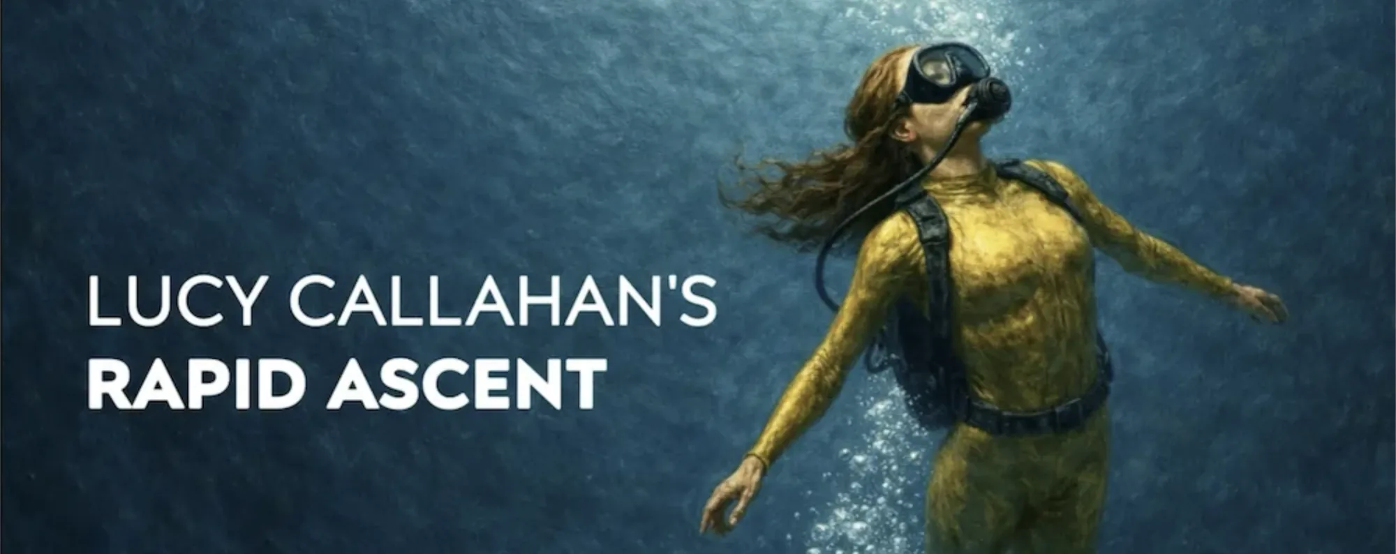 Lucy Callahan ascending through open water in a dive suit, trailing bubbles toward the surface